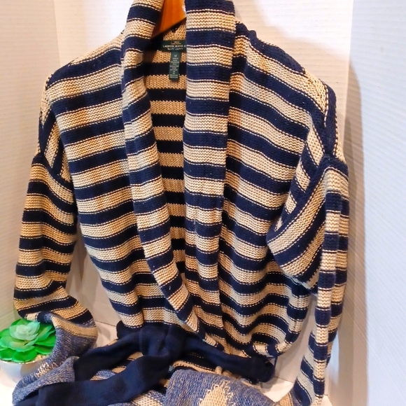 Lauren Ralph Lauren LRL Linen Cotton Blend Cardigan Belted Blue Striped Sweater - Picture 5 of 13